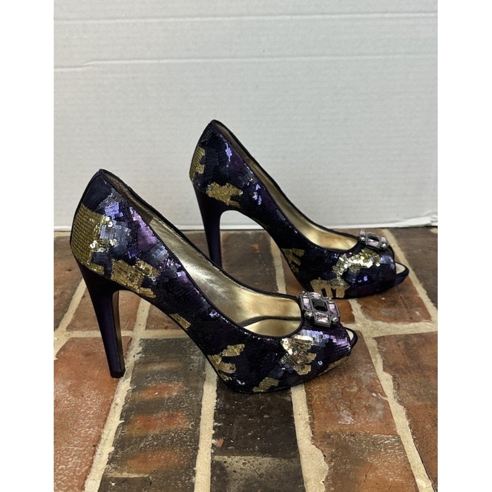 NINA NEW YORK Women's 10 Purple Gold Sequins Satin Platform Peep Toe High Heels‎
